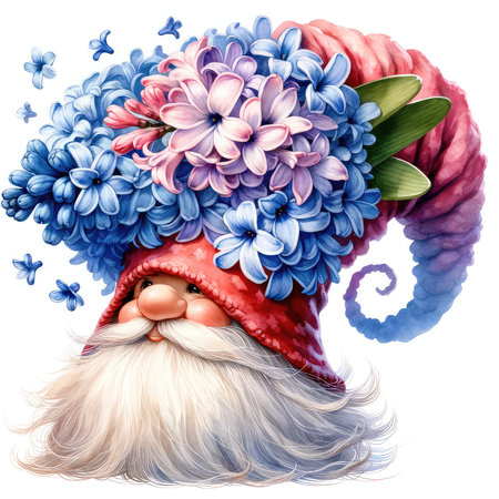 Cartoon image of Santa Claus with a beard and a cap of flowers.の素材