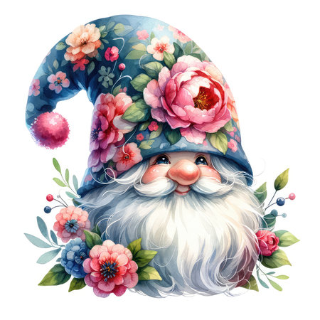 Santa Claus with flowers. Watercolor illustration isolated on white background.の素材