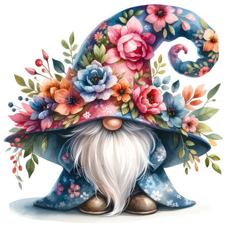 Watercolor illustration of a funny gnome with a hat and flowersの素材