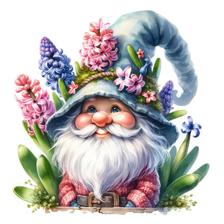 Cute cartoon gnome with pink hyacinth flowers. Watercolor illustrationの素材
