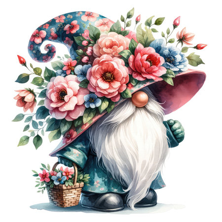 Garden gnome in a hat with flowers. Watercolor illustrationの素材