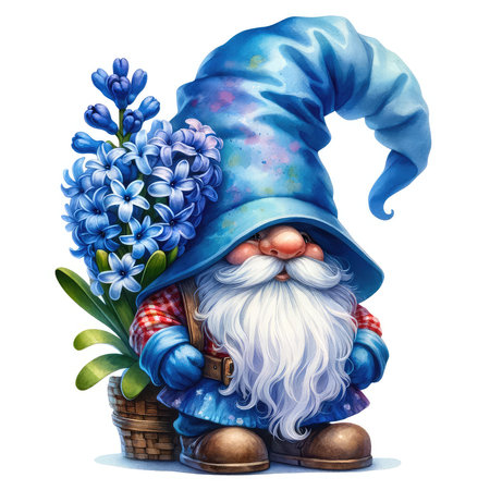 Garden gnome with blue hyacinth flowers. Watercolor illustrationの素材