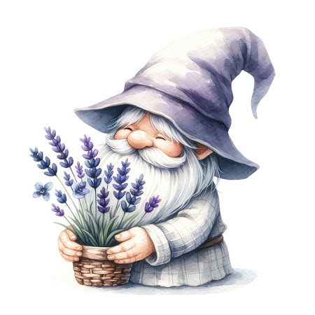 Garden gnome with a basket of lavender flowers. Watercolor illustrationの素材