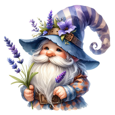 Watercolor gnome with lavender flowers isolated on white background.の素材