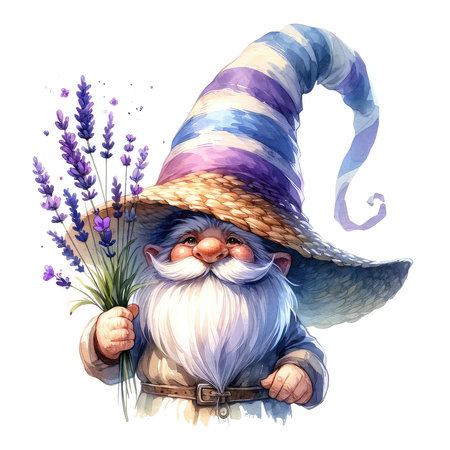 Cartoon wizard with lavender flowers. Hand drawn illustration isolated on white backgroundの素材