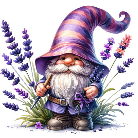 Garden gnome with lavender flowers. Watercolor illustration.の素材