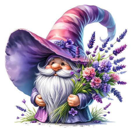 Garden gnome with lavender flowers. Watercolor illustration.の素材