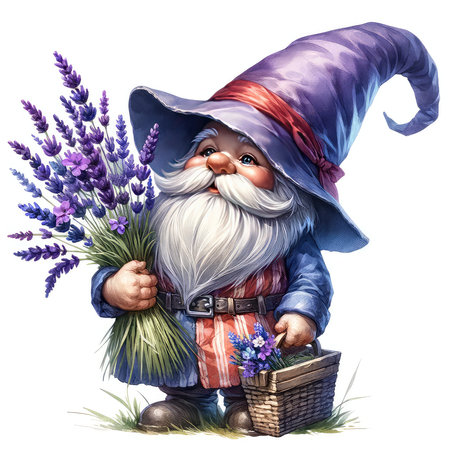 Garden gnome with basket of lavender flowers isolated on whiteの素材