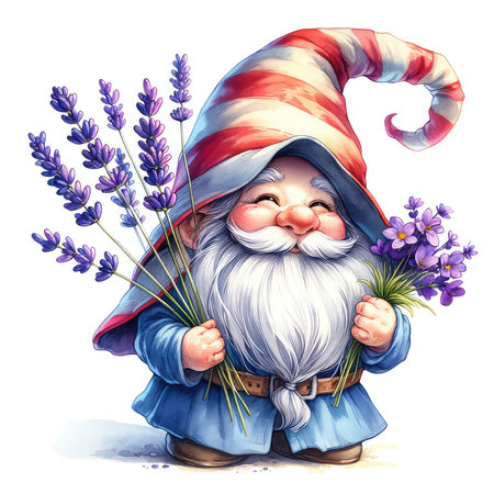 Christmas gnome with lavender flowers. Hand drawn watercolor illustrationの素材