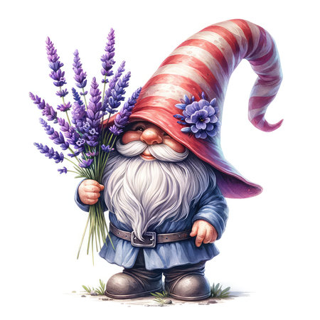 Cute gnome with lavender bouquet isolated on white background.の素材