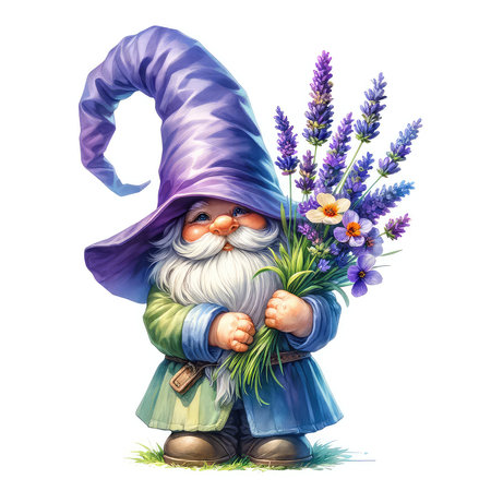 Garden gnome with lavender flowers. Watercolor illustration.の素材