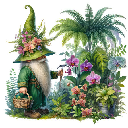 Garden gnome with a wicker basket of flowers and orchidsの素材