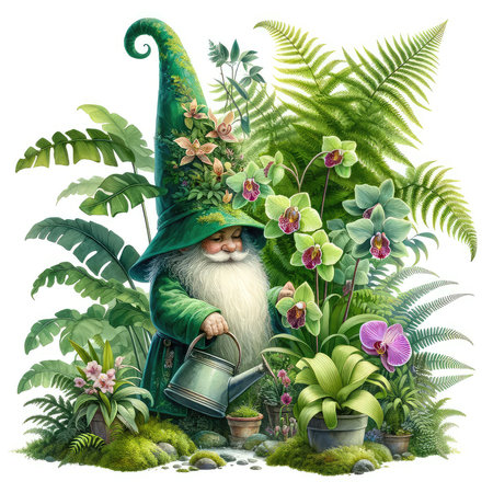 Garden gnome with a watering can and orchids.の素材