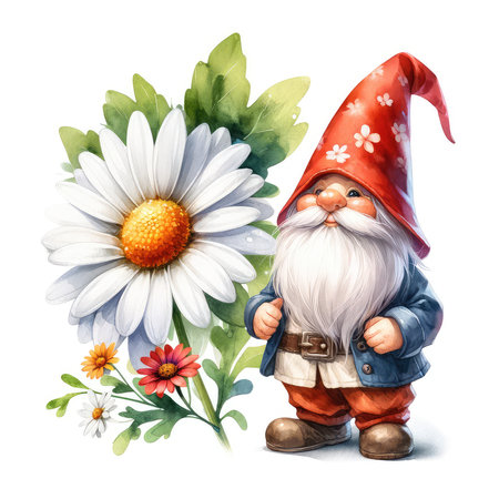 Watercolor gnome and daisies. Hand drawn illustration isolated on white backgroundの素材