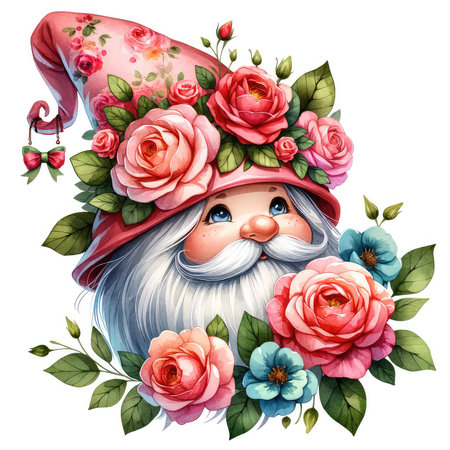 Cute santa claus in a hat with flowers and leaves.の素材