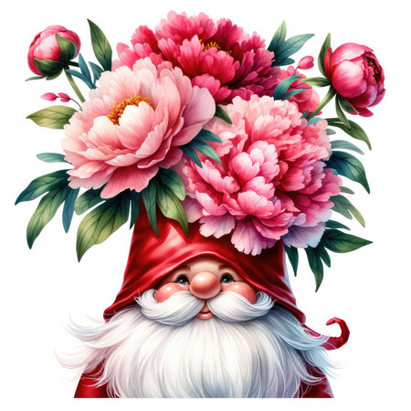 Cartoon santa claus with peony flowers bouquet.の素材