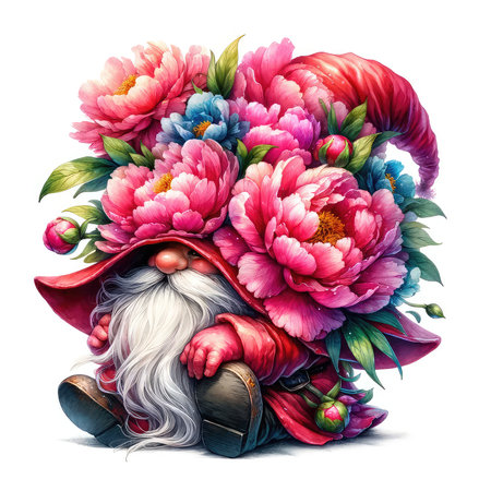 Garden gnome with peony flowers. Watercolor illustration.の素材