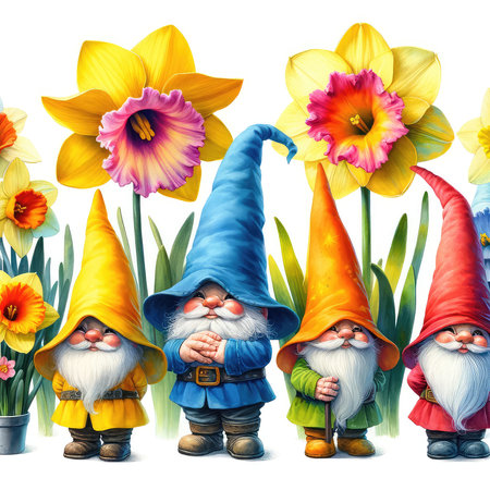 Seamless pattern with gnomes and daffodils.の素材