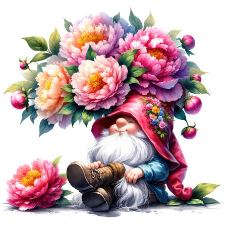 Garden gnome sitting on a peony flower bouquet.の素材