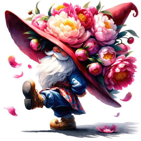 Garden gnome in a hat with a bouquet of peoniesの素材