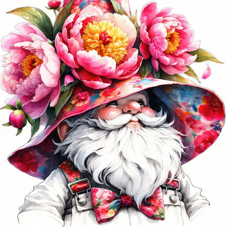 Portrait of Santa Claus in a hat with a bouquet of peonies.の素材