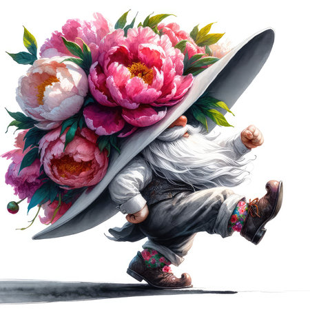 The old farmer carries a large bouquet of peonies on his headの素材