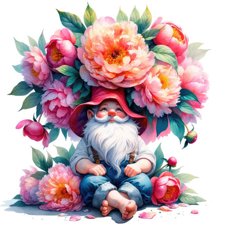 Garden gnome with peony flowers. Watercolor illustration.の素材