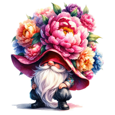 Garden gnome with big bouquet of peony flowers.の素材