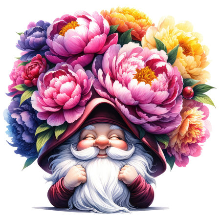 Garden gnome with peony flowers. Hand drawn illustration.の素材