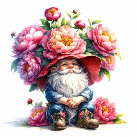 Garden gnome in a hat with a bouquet of peoniesの素材