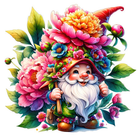 Garden gnome with flowers. Watercolor illustration for your designの素材
