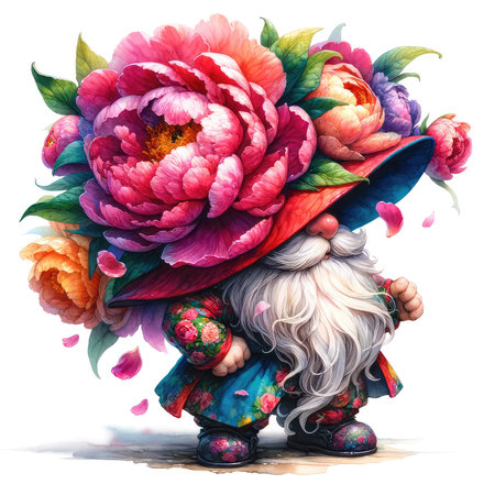 Funny gnome with peony flowers. Illustration on white backgroundの素材
