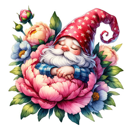 Funny gnome sleeping in a peony flower bouquet.の素材