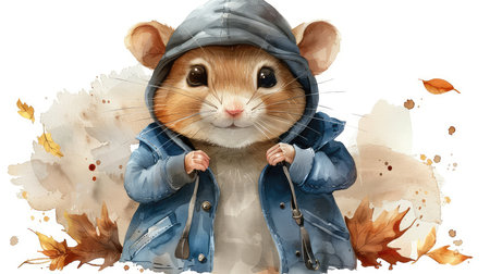 Adorable watercolor illustration of a hamster bundled up in a cozy blue hoodie. Perfect for adding a touch of whimsy and warmth to your designs.の素材