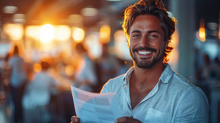 A bearded man beams with contentment while holding a document against a bustling background.の素材