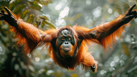 This orangutan, an arboreal great ape, calls the rainforests of Indonesia and Malaysia home. With its distinctive reddish-orange fur, this critically endangered species is known for its intelligence and tree-dwelling lifestyle. Capture the essence of nature's wonders with this stunning image of an orangutan in its natural habitat.の素材