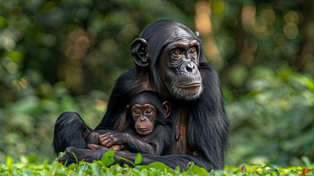 Amidst the vibrant jungle's embrace, a chimpanzee mother cradles her infant close. Their bond, as strong as the trees that tower above, is evident in every gentle touch. The lush greenery provides a sanctuary, a haven where love and protection intertwine.の素材