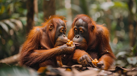 Two orangutans enjoy a tasty snack in the jungle. They sit side by side, peeling and eating fruit. One looks up at the other, their eyes meeting in a moment of shared contentment. The lush green jungle surrounds them, providing a beautiful backdrop for their friendship.の素材