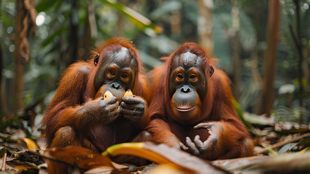 Two orangutans sit amidst the lush greenery of the jungle, their faces turned towards each other, sharing a tender moment over ripe bananas. Their expressions, captured in this intimate portrait, convey a sense of contentment and companionship amidst the vibrant wilderness.の素材