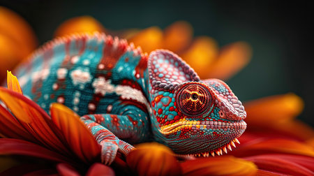 Colorful chameleon on a red flower, close-upの素材