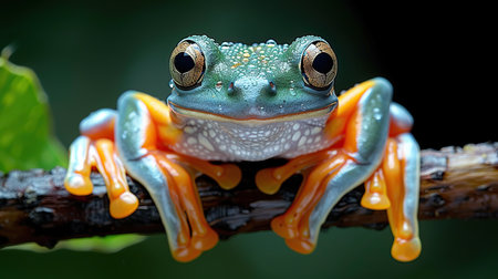 A vibrant green and orange frog perches on a branch in the rainforest. Its bright colors warn predators of its toxic skin. The frog's large eyes and sticky tongue help it to catch insects for food.の素材