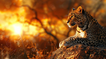 A majestic leopardess surveys her surroundings from her rocky perch. Bathed in the warm glow of the setting sun, her golden coat shimmers like liquid sunlight.の素材