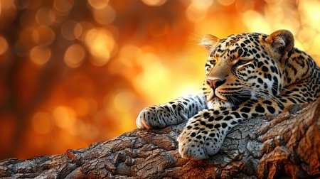 A stunning leopardess basks on a tree branch, bathed in the golden light of the setting sun. Her piercing gaze and sleek, spotted coat command attention, while the warm colors of the sky create a sense of tranquility and wonder. This captivating image captures the beauty and majesty of the natural world.の素材