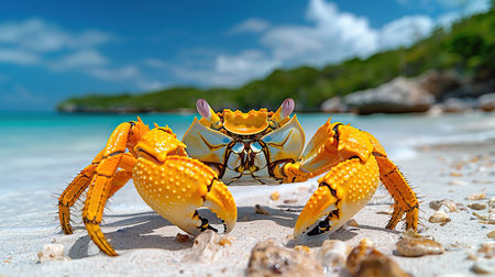 A vibrant yellow crab with captivating blue eyes scuttles across the pristine white sands of a tropical beach, leaving a trail of intrigue and wonder in its wake.の素材