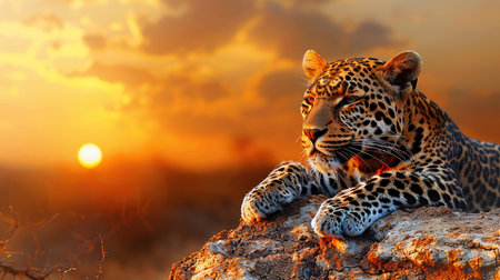 Captivating image of a majestic leopardess basking in the golden glow of an African sunset. Her sleek, spotted coat blends seamlessly with the surrounding savannah, creating a stunning visual harmony. The ethereal beauty of the scene evokes a sense of tranquility and awe.の素材
