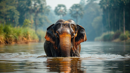 Majestic elephant in river with green jungle background

An elephant stands in a river in a lush jungle, surrounded by green trees and plants. The elephant's trunk is raised in the air, and it looks regal and powerful. The water is clear and refreshing, and the jungle is teeming with life. The elephant is a symbol of strength, wisdom, and power, and it is a fitting subject for a majestic photo.の素材