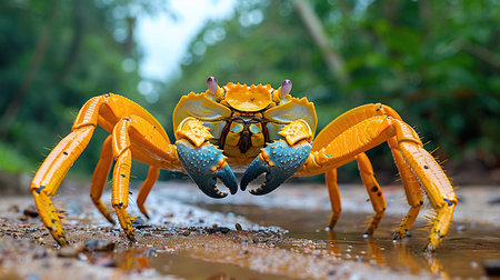A dazzling yellow crab with azure claws stands in a glistening puddle, framed by the verdant embrace of the jungle. Its vibrant hue echoes against the emerald canopy, a testament to the vibrant symphony of colors that dance within nature's orchestra.の素材
