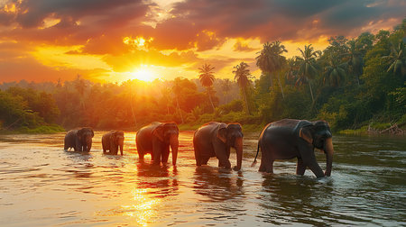 Elephant herd majestically crosses a river at sunset in Udawalawe National Park, Sri Lanka. The golden rays of the setting sun cast a warm glow on the elephants, highlighting their impressive size and power against the tranquil waters. This powerful scene captures the beauty and tranquility of Sri Lankan wildlife.の素材