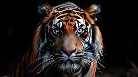 Capture the fierce gaze of a majestic tiger in this striking portrait. Set against a shadowy backdrop, its piercing eyes and vibrant fur create a captivating image. The tiger's intricate stripes and intense expression convey a sense of raw power and untamed spirit.の素材