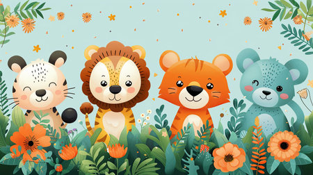 Adorable jungle friends frolic amidst lush greenery. A playful lion, tiger, leopard, and bear share a moment of tranquility, surrounded by vibrant flowers and lush leaves. Perfect for children's books, invitations, and more.の素材